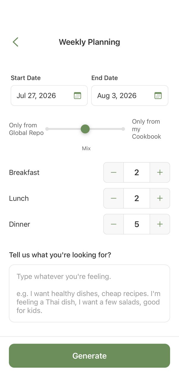 Weekly meal planning screen in GoToMeals