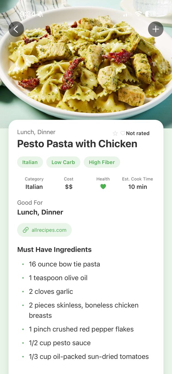 Recipe detail view in GoToMeals